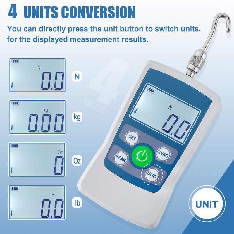 BAOSHISHAN Digital Force Gauge 500N Push Pull Gauge 500N/110LB/50Kg/1800Oz Trigger Pull Scale with 4 Units Portable Storage Case Backlit LCD Auto Power-Off for School Teaching Mechanics Experiments