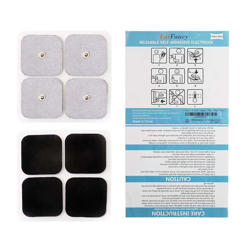 LotFancy TENS Unit Replacement Pads, 40 Pcs 2x2 Snap Electrodes Pads, Reusable Tens Pads for EMS Muscle Stimulator, Using 3.5mm Snap Connector