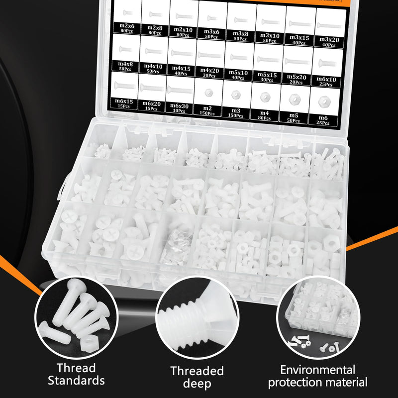 [Australia - AusPower] - 1250PCS White Flat Head Phillips Screws Bolts and Nuts, M2 M3 M4 M5 M6 Metric Full Threaded Phillips Cross Recessed Nylon Plastic Bolts Nuts Assortment Kit Set for Insulate or Fasten PCB Board 