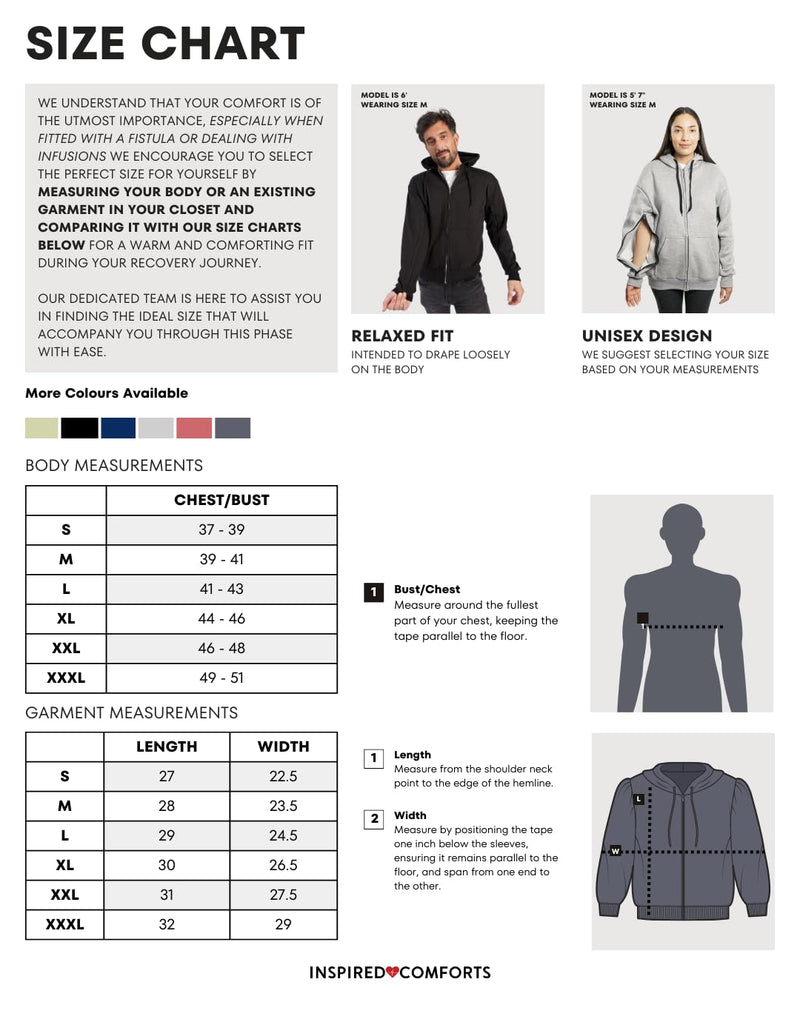 Inspired Comforts Dialysis Port Access Unisex Hoodie with Two Way Arm Access Zip Medium Navy