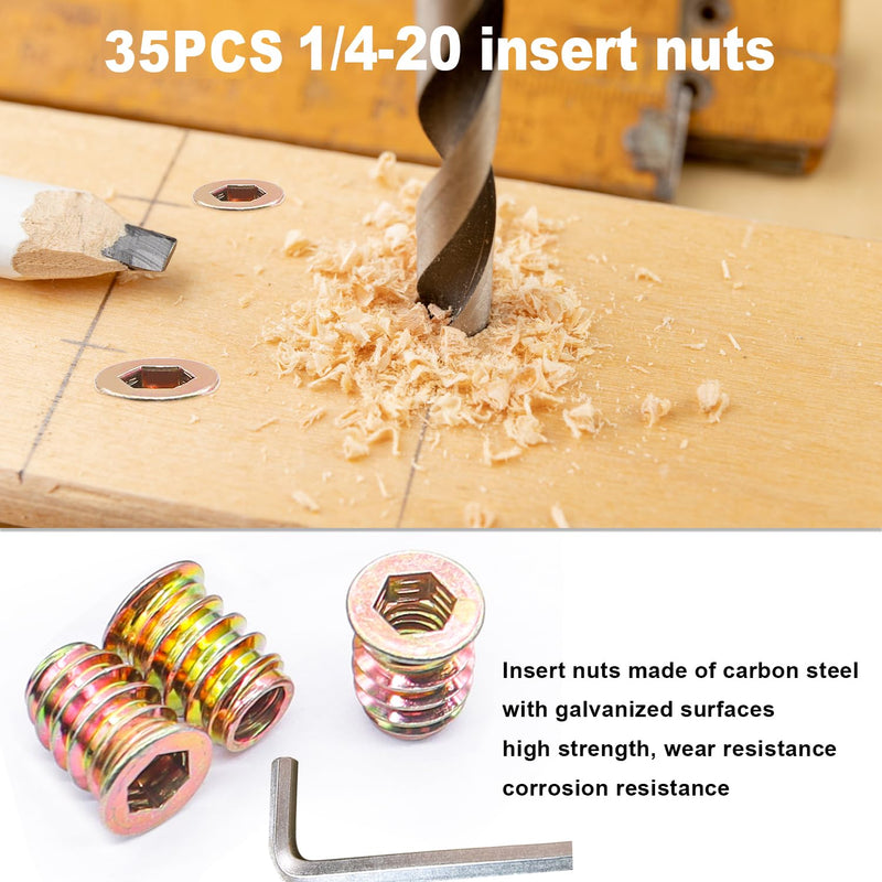 [Australia - AusPower] - Taiss 35PCS 1/4"-20x15mm Threaded Inserts for Wood +22PCS 1/4-20 x 3/4" Bolt +13PCS 1/4-20 x 1-1/4" Bolt,Furniture Screw,Hex Socket Drive Nut Threaded Wood Inserts with 9mm Drill bit & hex Wrench Black 1/4-20x3/4"+1/4-20x1-1/4" 