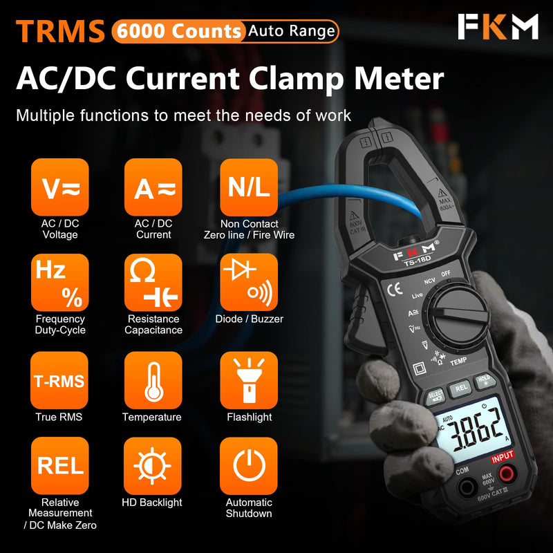 [Australia - AusPower] - FKM AC/DC Amp Clamp Meter Multimeter Tester TRMS 6000 Counts Auto-ranging Smart Digital Voltage Tester,for AC/DC Current/Voltage,NCV Detection,Capacitance,Resistance,Ohm,Continuity,Diode,Hz,Temp Test Black-(AC/DC Current)Clamp Meter 