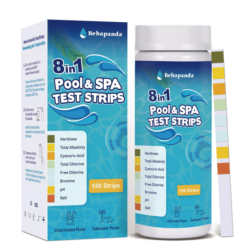 [Australia - AusPower] - 8-in-1 Pool Salt Test Strips: 150 Count Pool Test Strips for Salt Water Pool Hot Tub Spa Water Easy to Tests Salt, pH, Chlorine, Bromine, Alkalinity, Hardness, Cyanuric Acid 8IN1-150 