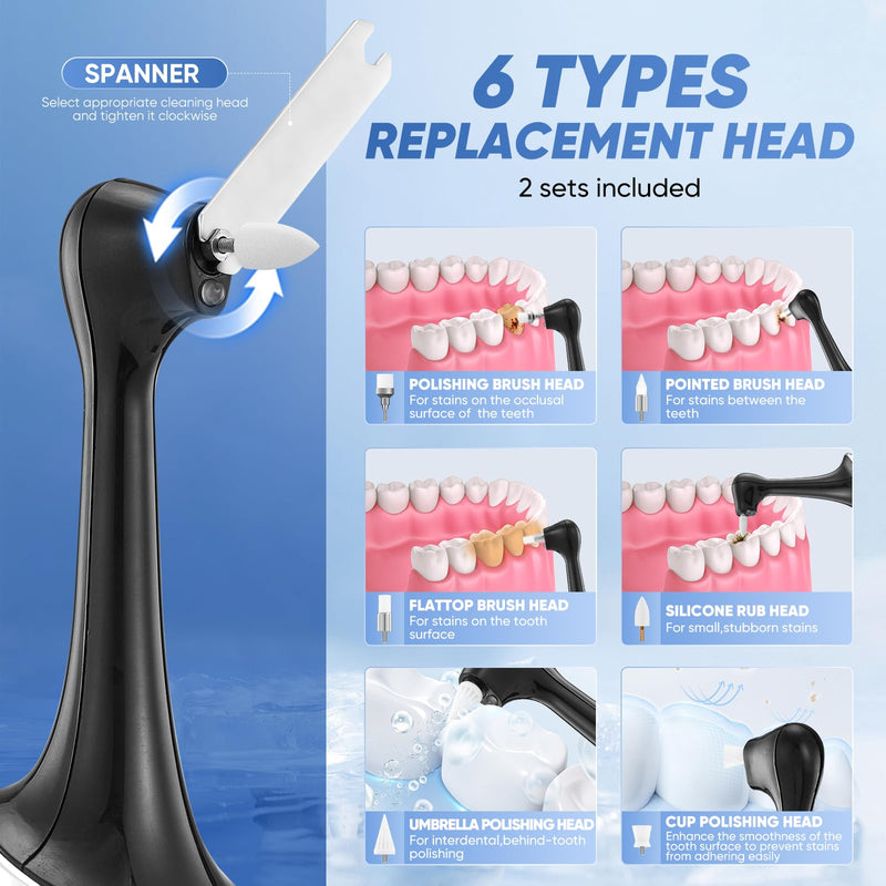 [Australia - AusPower] - Saker Tooth Polisher, 2 Set Replacement Polishing Brush Heads(12pcs) Included, Rechargeable Tooth Polishing Kit, Dental Teeth Polisher with LED Light, 5 Speed Modes, Waterproof 