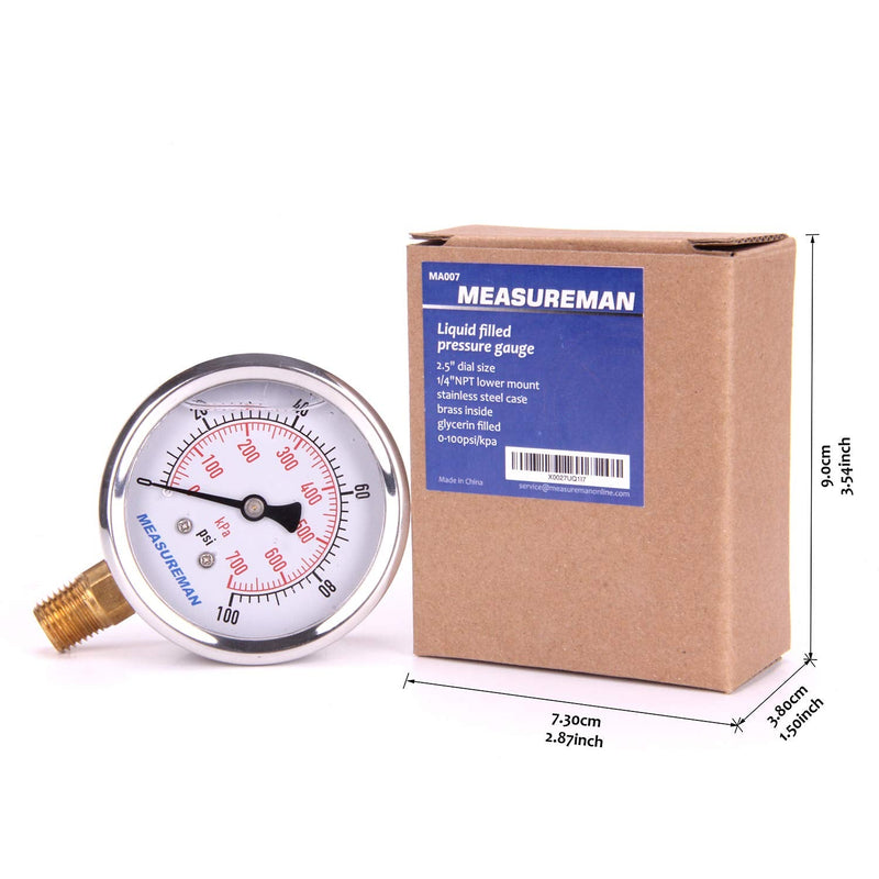 [Australia - AusPower] - MEASUREMAN 2-1/2" Dial Size, Glycerin Filled Pressure Gauge, 0-100psi/kpa, 304 Stainless Steel Case, 1/4"NPT Lower Mount 