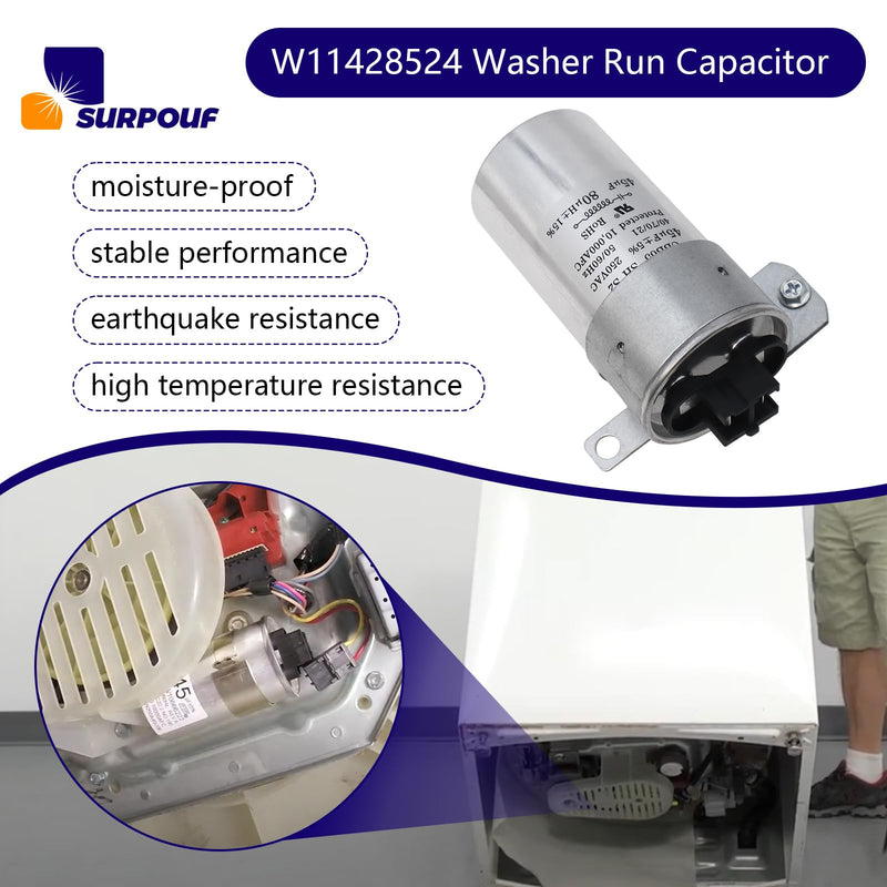 W11428524 Washer Run Capacitor w11162561 Compatible with Whirlpool Kenmore Maytag Crosley Amana Replaces W10866238 W11162561 W11175257