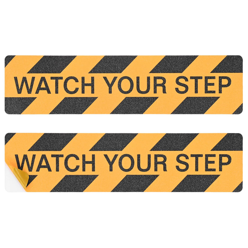 M METERXITY 2-Pack WATCH YOUR STEP Floor Decals Stickers 6 x 24 Inch Watch Your Step Sign Warning Sticker Self-Adhesive Anti Slip Abrasive Tape for Indoor/Outdoor Stairs Step[Yellow Black]