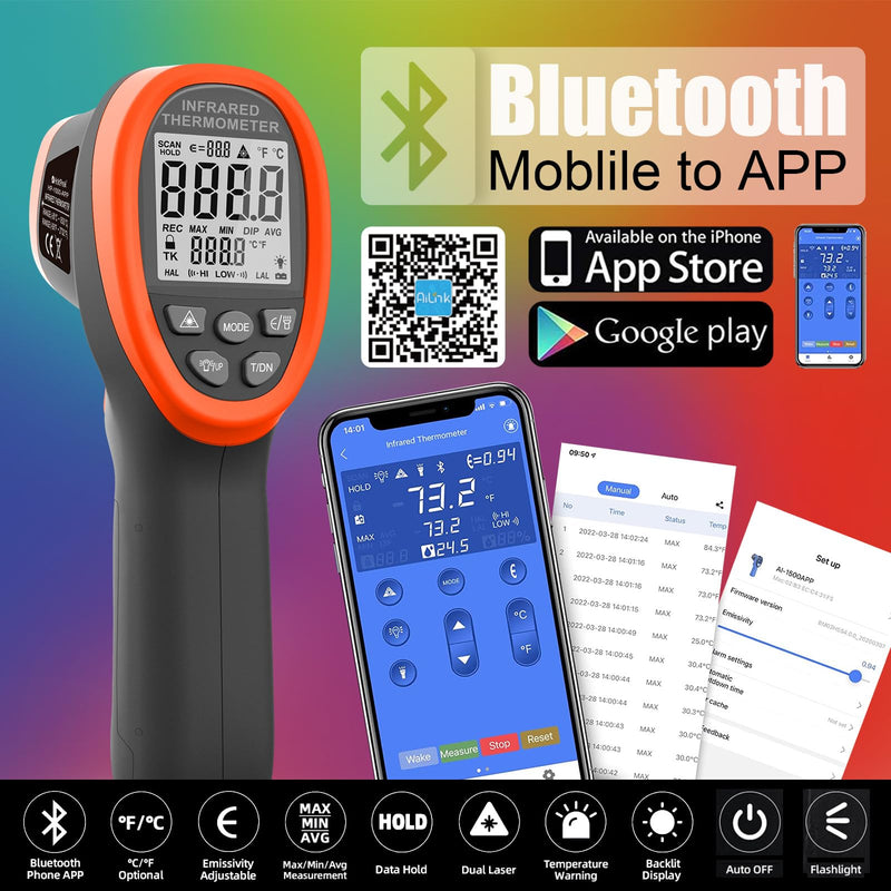 [Australia - AusPower] - HOLDPEAK Non-Contact Infrared Thermometer with APP, High Temp Laser Temperature Gun (-58°F~2732°F), D:S=30:1, MAX/MIN/AVG/DIF, High/Low Temp Alarm, Backlight for Industrial & Home Use (NOT for Human) 1500APP-OR-HIT 