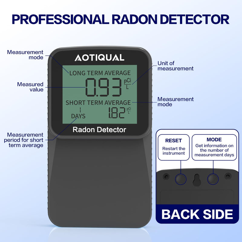 Digital Radon Detector LCD Display Dual USB Battery Power Options 3 Year Battery Life 10 Year Sensor Lifespan Accurate pCiL Concentration Detection for Home and Office Use