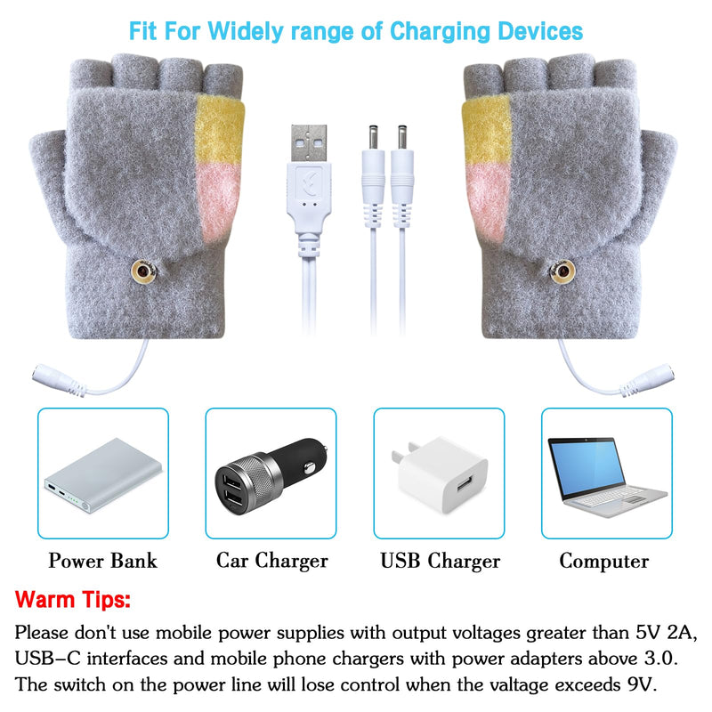 [Australia - AusPower] - Women's & Men's USB Heated Gloves Mitten Full & Half Fingerless Winter Hands Warmer Laptop Gloves Colorful Grey 