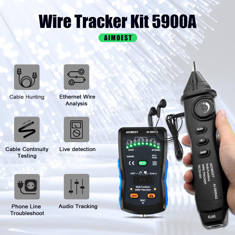 [Australia - AusPower] - AIMOEST Wire Tracker Kit 5900A - Professional Live-Circuit Cable Tester for RJ45/Ethernet, Phone Line Analyzer, BNC Finder with 3000m Range & LED Fault Alerts，Live-Circuit Testing 