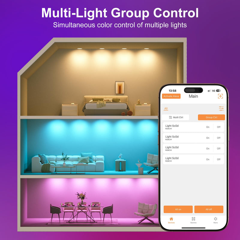 Smart Recessed Lighting, 5/6 inch, Compatible with Alexa, Smart LED Downlight, ‎13W 1050LM Led Lights, Smart Can Lights Multicolor APP Dimmable, 4-Pack RGB+CCT 4Pack