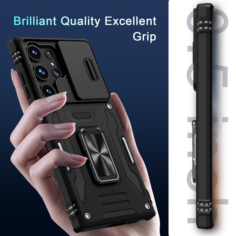 [Australia - AusPower] - DEERLAMN for Samsung Galaxy S24 Ultra Case with Slide Camera Cover+Screen Protector (1 Pack), Rotated Ring Kickstand Military Grade Shockproof Protective Cover-Black Samsung Galaxy S24 Ultra-6.8Inch Black 