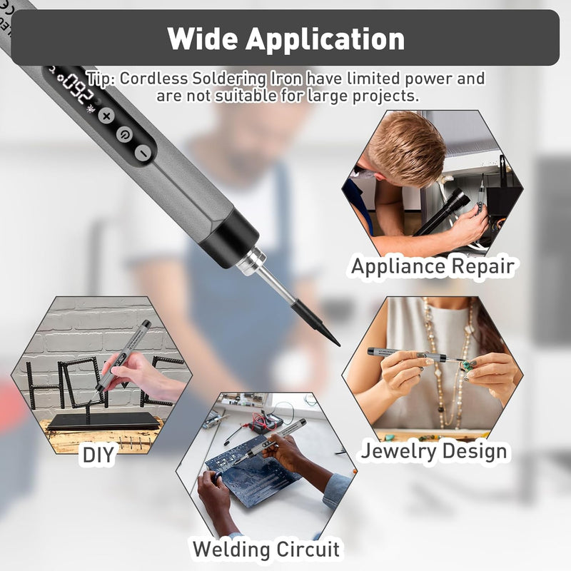 Battery Soldering Iron Set, USB Rechargeable Soldering Iron with LCD, Ceramic Heating Core, Adjustable Temperature 200-450°C, 3 Soldering Tips, Mini Soldering Station for Small Repair such as Circuit Boards and Jewellery