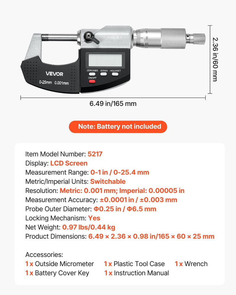 VEVOR Micrometer, Digital Micrometer, Measuring Range 0-25.4mm, Resolution 0.001mm, Highest Precision 0.003mm Accuracy, LCD Display, Inch/mm Switching, Carbide Tip, with Case