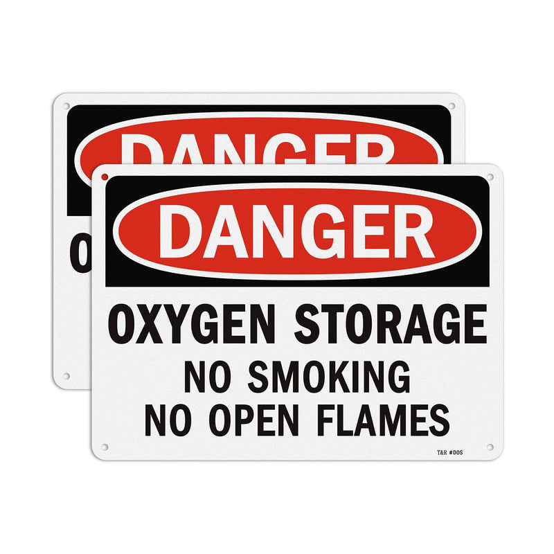 T&R Oxygen Storage No Smoking No Open Flames Sign - 2 Pack - 10 x 7 Inches Rust Free Aluminum Reflective - UV Protected, Waterproof, Weatherproof and Fade Resistant - 4 Pre-drilled Holes 10" x 7" - 2 pack - Oxygen Storage