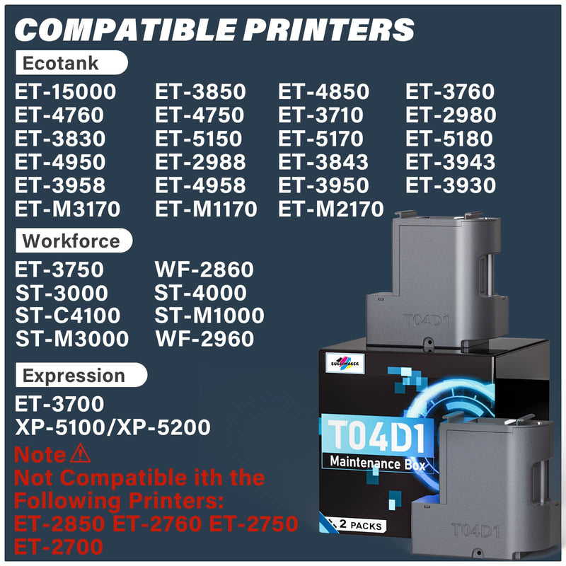 T04D1 T04D100 Ink Maintenance Box Compatible Replacement for Epson EcoTank ET-15000 ET-3760 ET-3850 ET-4850 ET-4760 ET-3750 ET-4750 ET-3830 ET-2980 ET-3950 ET-4950 ET15000 Printer, TO4D1/04D1/2-Packs black t04d1 box