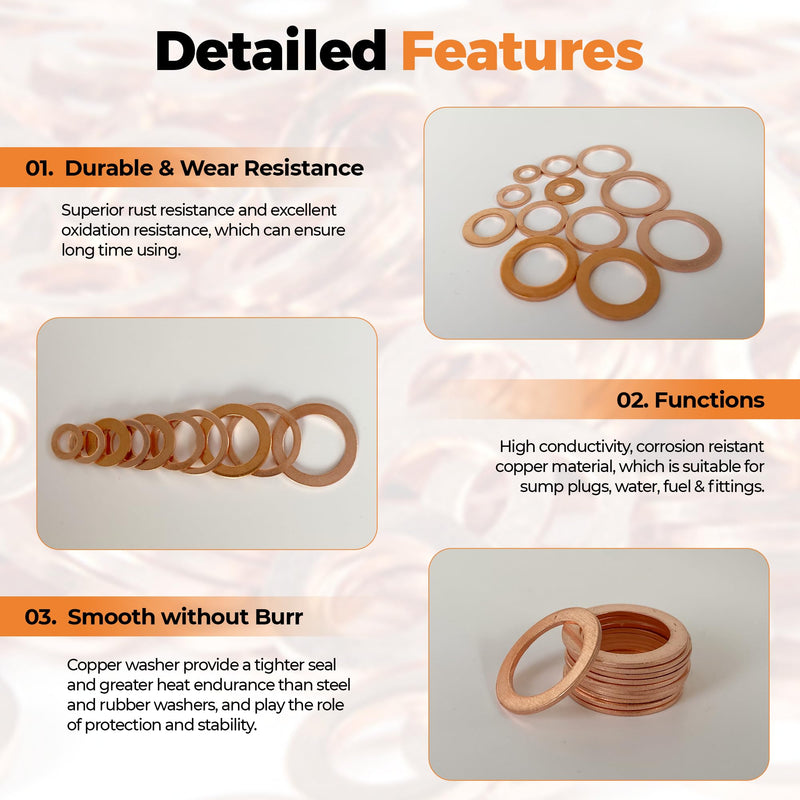 [Australia - AusPower] - 325 PCS, 10 Sizes, Premium Copper Metric Sealing Crush Washers Assortment Kit, Upgraded Flat Ring Oil Drain Plug Crush Washer Gasket Seal Assortment Set, Banjo Bolt Washer for Automotive, Motorcycles 