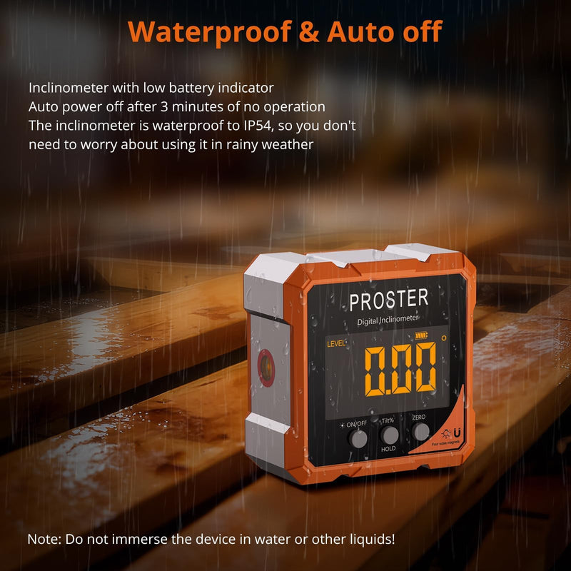[Australia - AusPower] - Proster Digital Angle Finder with Laser 4-Side Magnetic Angle Gauge IP54 Waterproof LCD VA Display USB-C Inclinometer Level Box for Woodworking Carpentry Building(Laser Level Class II,Output<1mW） 