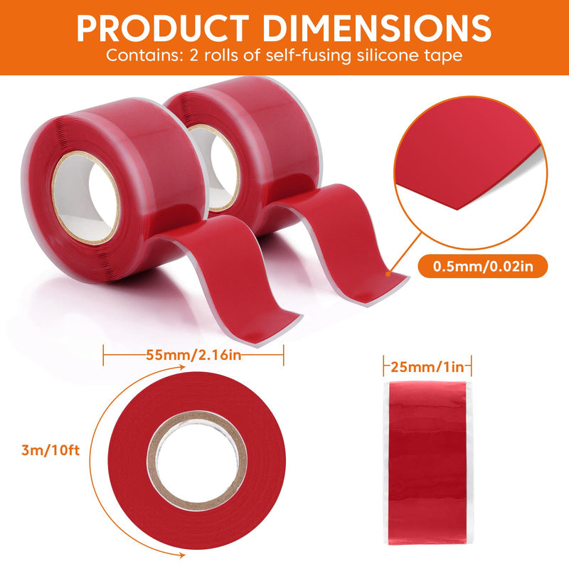 2 Rolls Self Fusing Silicone Tape - 1in(W) X 10ft(L) Waterproof Tape, Water Leak Seal, Plumbing Hose Repair, Rubber Tape for Cable Winding Insulating, Red