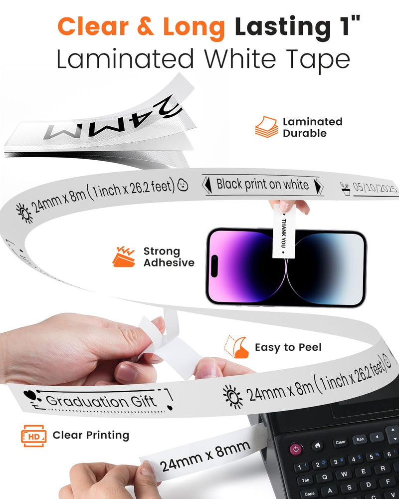 TZe-251 Label Maker Tape 24mm 0.94 Laminated White Compatible with Brother P-Touch Label Tape TZe251 TZ-251 Black on White 1 Inch TZe Tz Tape Work for Brother PT-D600 PT-D610BT PTP700 PTP710BT, 8-Pack