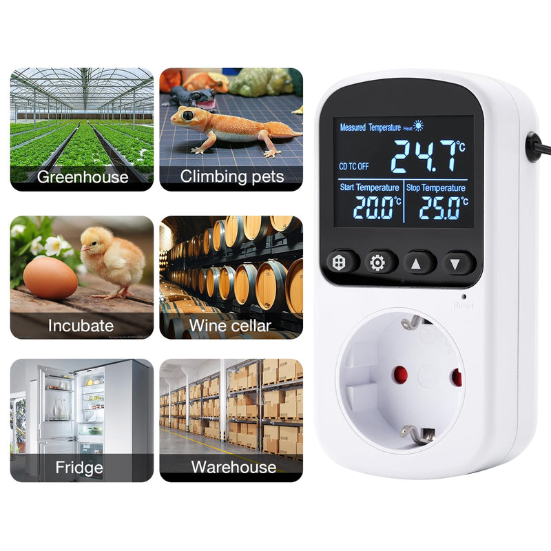[Australia - AusPower] - Aideepen Digital Thermostat Socket, Countdown Temperature Controller 230 V 16 A with Sensor for Aquaculture Greenhouses Terrarium Heating Cooling With countdown function 