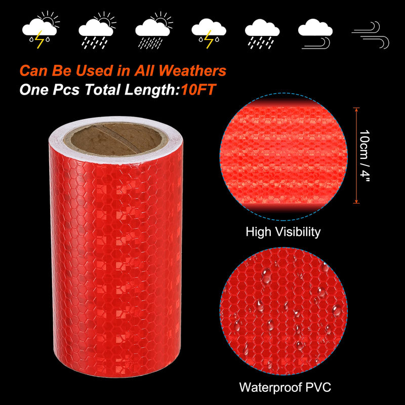 PATIKIL Reflective Tape, 4 Inch x 10 Ft Waterproof High Visibility Warning Safety Adhesive Tape Outdoor Reflector for Cars Trucks, Red 4IN x 10FT 1