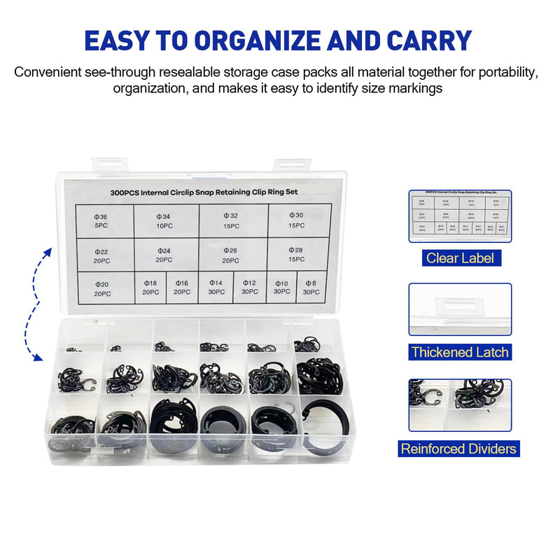 [Australia - AusPower] - 300-Pcs Internal Circlip Snap Retaining Clip Ring Assortment Set, Alloy Steel Internal Snap Ring Circlip Snap Retaining Clip Ring Assortment Set, Includes 15 Sizes of M8-M36 Internal Retaining 300PCS 