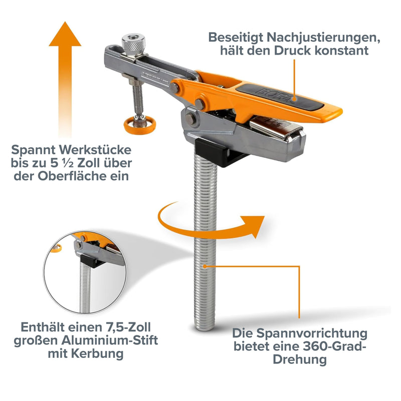 BORA Auto-Adjust Workbench Clamp | Horizontal MFT Clamp with 191mm Spiral Aluminium Dog Peg - 360° Swivel Base, 140mm Clamping Height, up to 181kg Clamping Force - For 19mm & 3/4" Dog-Hole Perforated Plates