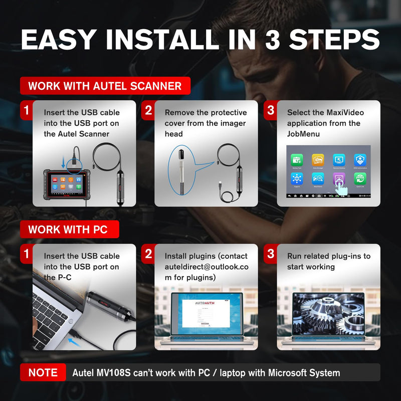 [Australia - AusPower] - Autel MaxiVideo MV108S Digital Inspection Camera, 2MP 1920x1080, Waterproof USB Endoscope, 8.5mm Ultra-Slim Borescope Snake Camera + LED Light, Work with Autel Scanner & PC, MV108 MV105S MV105 Upgrade 