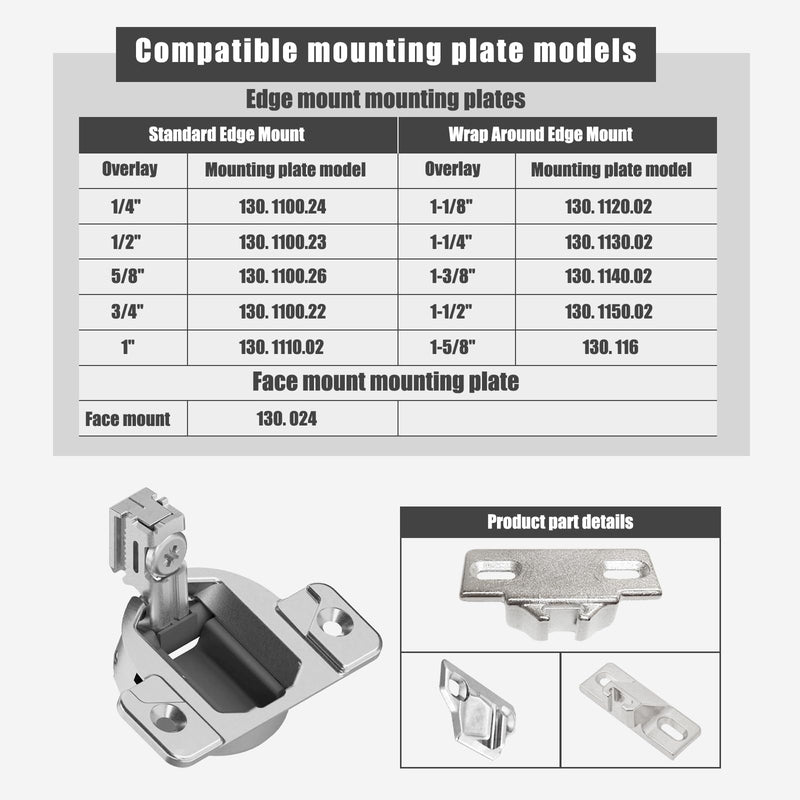 110-Degree Cabinet Door Hinges - Replacement for Blum Compact 33 Self-Closing Hinges, Adjustable Screw-On Design for Open-Side/Standard Cabinets, Soft-Close Durable Steel (Sliver, 8 Pack) Sliver