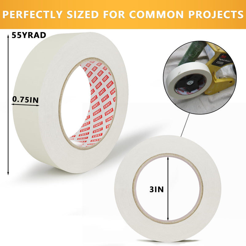 SWRT Masking Tape 0.75 Inch x 55 Yards, 4 Rolls White Tape, General Purpose | Clean Paint Edges; Easy Hand Tear; Writable Surface; Craft & Label Ready; Home, School, Office; 220 Yards Total
