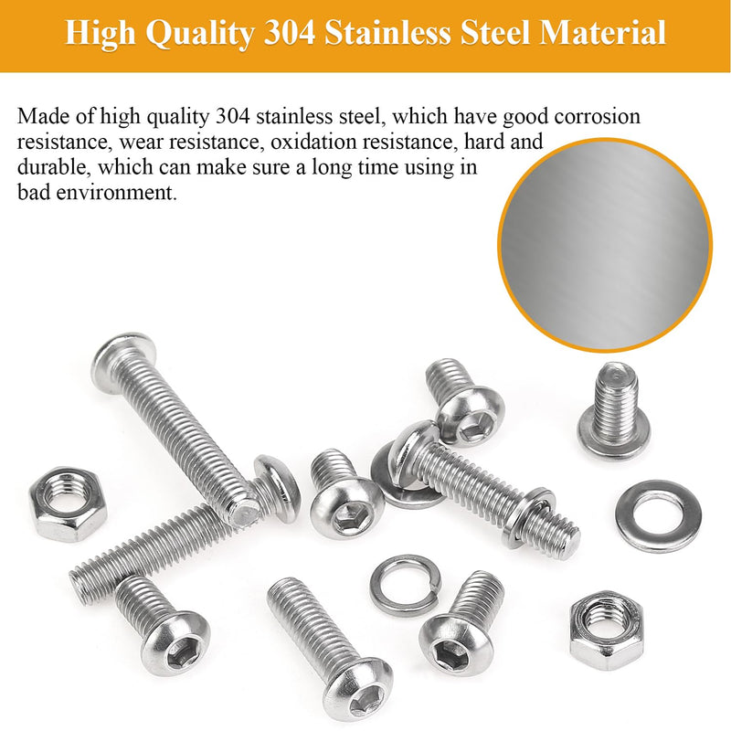 [Australia - AusPower] - 150 Pieces M6 Screws Nuts Washers Set, Sutemribor M6 x 10/12/16/20/25/30/35mm Button Head Socket Cap Screws Nuts Washers Assortment Kit, 304 Stainless Steel, Fully Threaded 
