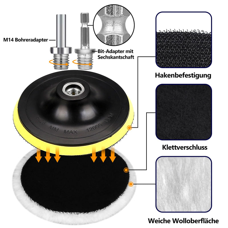 Polishing Attachment Angle Grinder Polishing Hood Polishing Sponge 125 mm Polishing Disc Polishing Pads, 6 Pieces Wool Polishing Attachment, Polishing Pad with 6 Angle Handles, Round Adapter, Easy to Replace