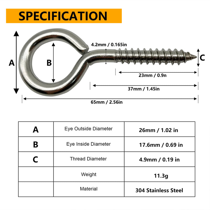 [Australia - AusPower] - 15 PCS Stainless Steel 2.56 Inch Screw Eyes Hooks Screw Eye Bolts, 80 Lbs Capacity 