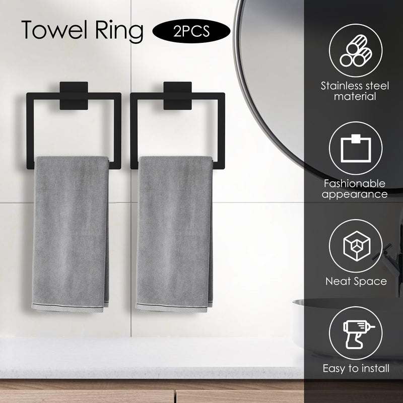 Stainless Steel Square Towel Racks for Bathroom, Black Hand Towel Holder Wall Mount, Modern Towel Ring for Guest Bath, Bathroom Accessories, Bathroom Towels for Wall, Rust-Proof, 2 Pack Black 2pcs
