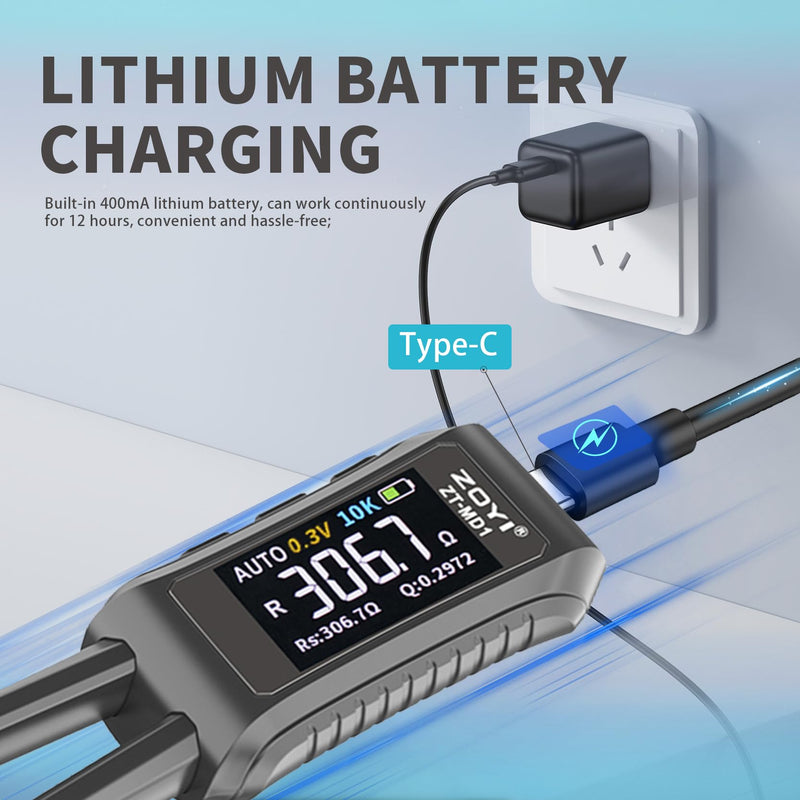 [Australia - AusPower] - LCR Meter Zoyi MD1 Bridge SMD Test Clip with OLED Display, Auto Identification, 10mΩ-10MΩ Resistance, 1pF-20mF Capacitance, 1uH-60H Inductance, Lithium Battery Powered, Portable for Electronic Repairs 