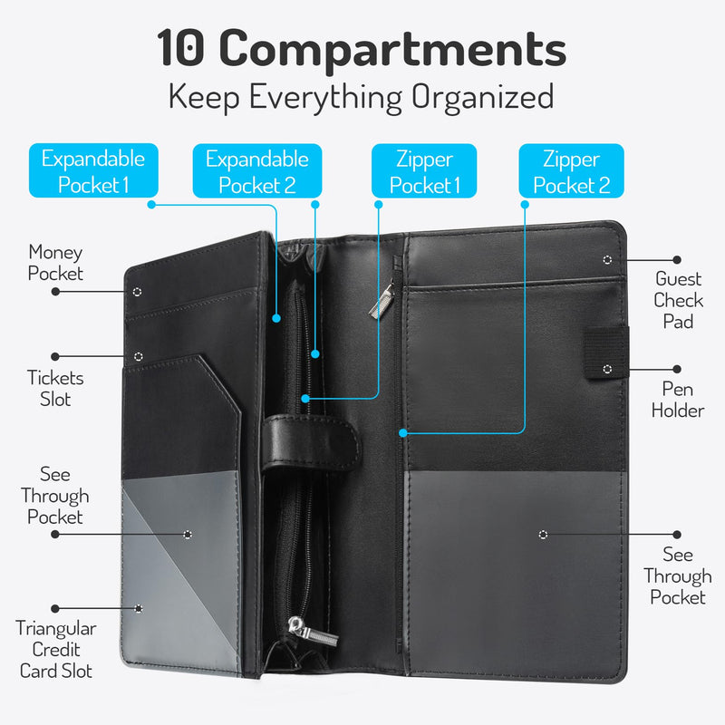[Australia - AusPower] - Server Book High Volume, Expandable Server Books for Waitress, Waiter Book, Sturdy Leather Waitress Book with 2 Zipper Pockets and Magnetic Pocket, Server Books Booklet Fit Server Apron (Black) Black 