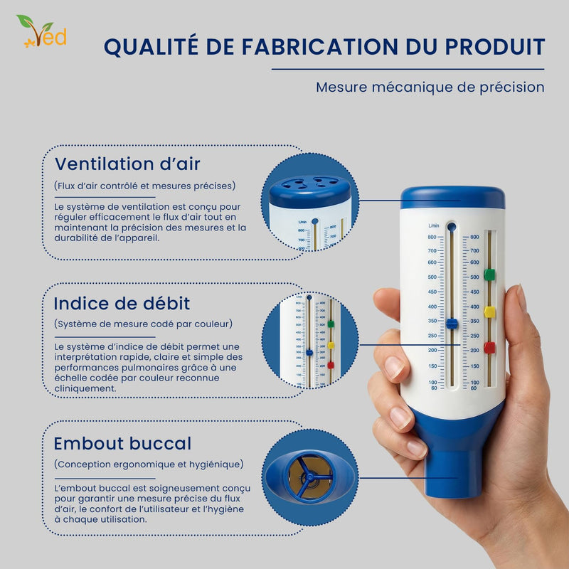 VED Adult Peak Flow Meter Standard Expiratory Flow Meter for Monitoring Pulmonary Function, Portable Spirometry and Breathing Training Device