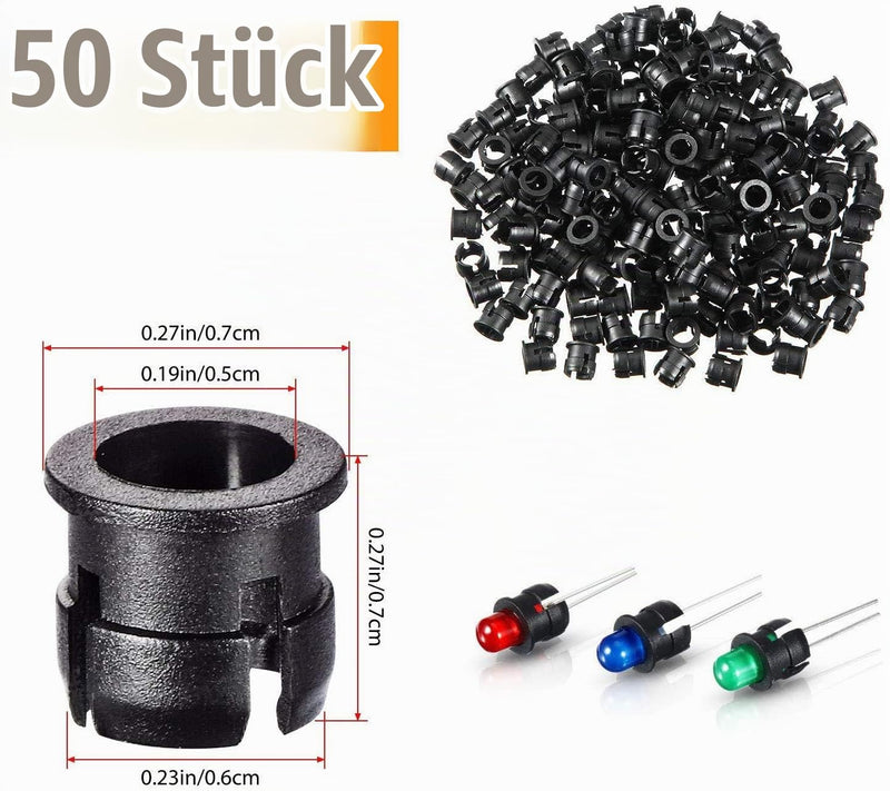 RUNCCI-YUN 50 x 5 mm LEDs, 12 V pre-wired light, pre-wired LED, diode light, 20 cm pre-wired light, red, yellow, green, blue-white, 50 x 5 mm LED mounting rings, 9 V battery connection