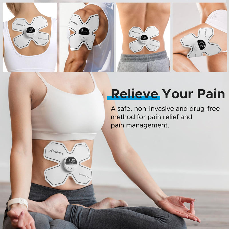 [Australia - AusPower] - NEENCA Wireless TENS Unit Muscle Stimulator, Smart Rechargeable TENS EMS Muscle Massager for Knee/Shoulder/Back Pain Relief. 4 TENS Pads with Remote Control for Physical Therapy,9 Modes 19 Intensities Pearl White 