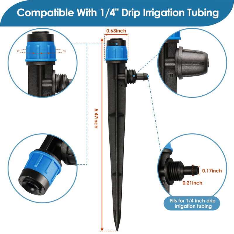 [Australia - AusPower] - Drip Irrigation Emitters Fittings: Adjustable Irrigation Sprayer for 1/4 inch Drip Tubing Full Circle Vortex Stream Dripper on 5" Arrow Stake Barbed Locked Nuts Connectors (50 Pieces) Blue Vortex Emitters-50P 