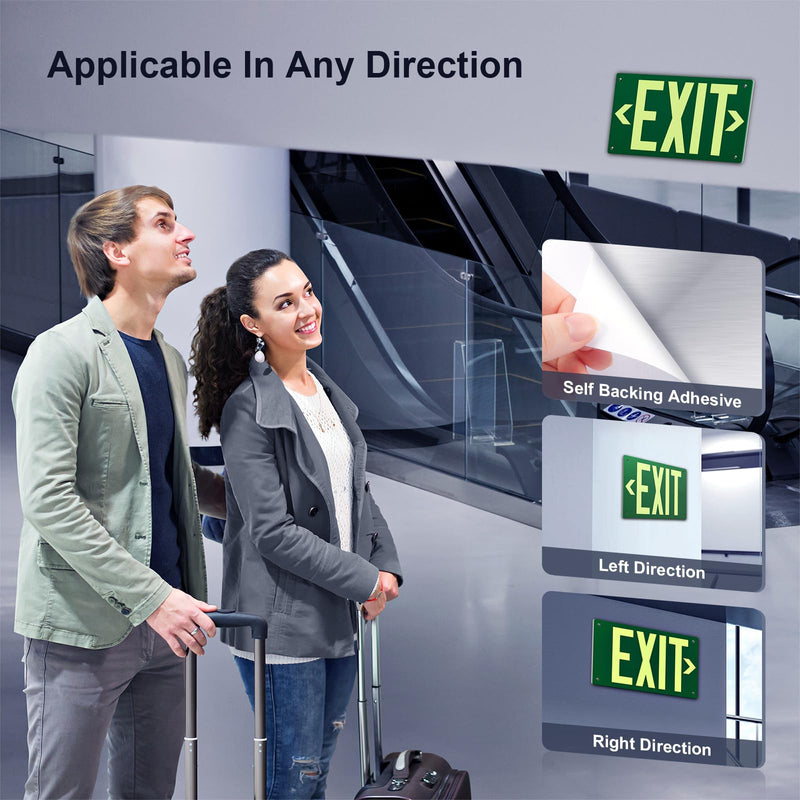 Photoluminescent Exit Sign Aluminum - Adhesive Backing Glow In The Dark - Removable Arrows Included - Pre-drilled Holes - 12x7 Inches - Non Electrical Green Exit Light For 50 Feet Visibility (2 Pack) Green 2 PCS With Pre-drilled Holes