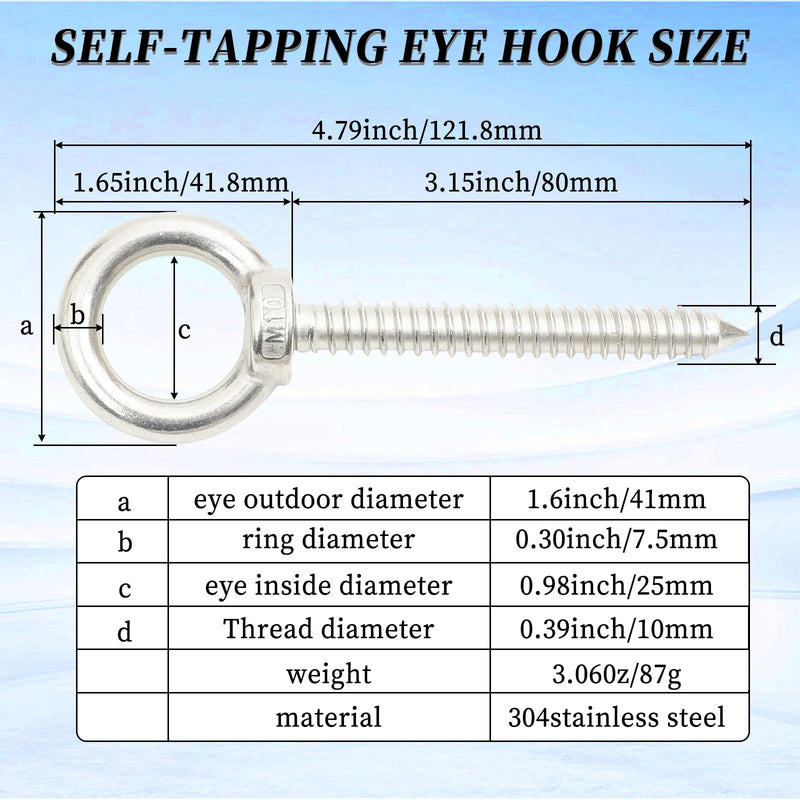 [Australia - AusPower] - 4PCS 5 Inch Heavy Duty Eye Hooks M10 Heavy Duty Screw in Eye Hooks for Yoga Hammock Stand, Swing Chair, Heavy-Duty Suspension Indoor & Outdoor Uses 