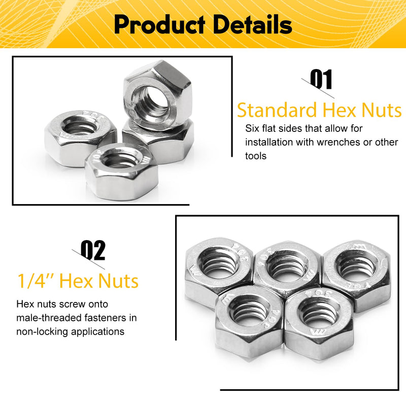 [Australia - AusPower] - 100pcs 1/4-20 Hex Nuts, 304 Stainless Steel, Hex Drive, UNC Nuts Fasteners, 1/4" Stainless Nuts Replacement Nut with Plastic Case 