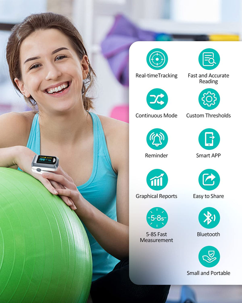 [Australia - AusPower] - Pulse Oximeter HealthTree Oxygen Monitor Fingertip, Bluetooth Pulse Ox with Free APP, O2 Pulse Oximeter Finger and Heart Rate Monitor, 2 X AAA Batteries, Lanyard Gray 