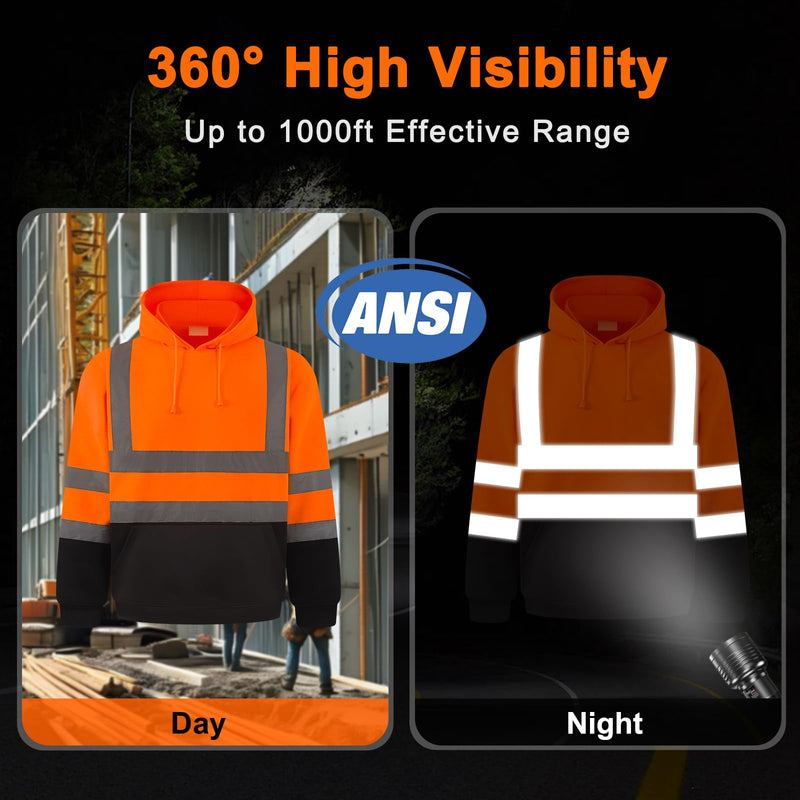 HYCOPROT High Visibility Sweatshirt ANSI Class 3 Reflective Safety Hoodie Hi Vis Hooded Pullover with Black Bottom… Orange XX-Large
