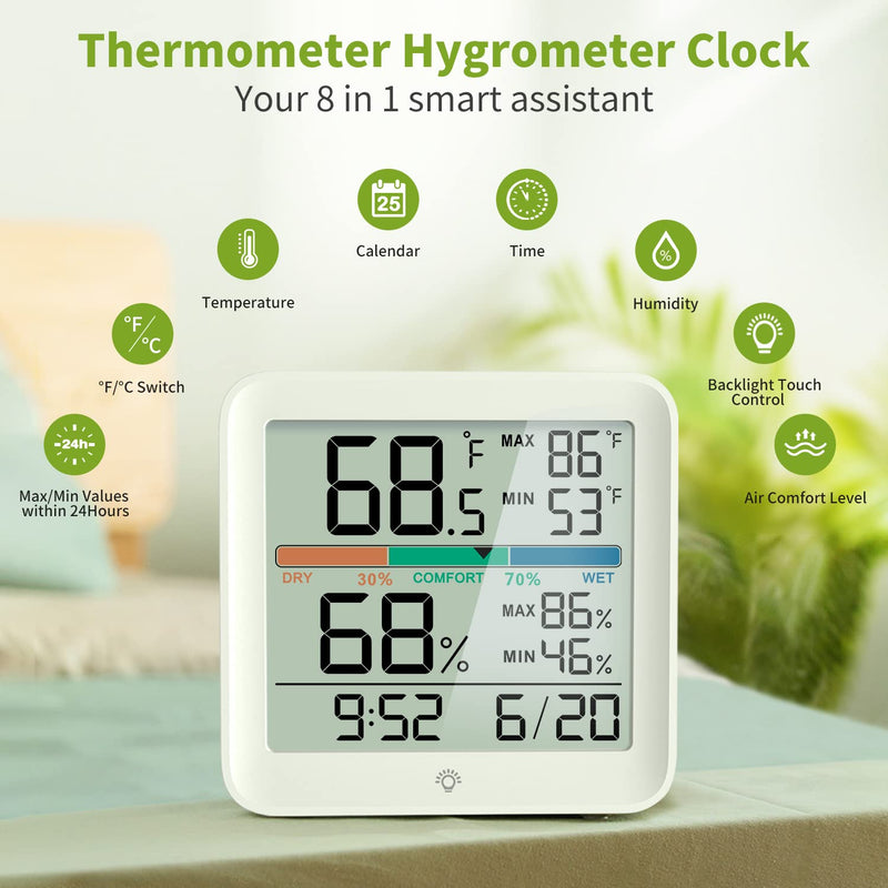 Indoor Thermometer Room Temperature Home Hygrometer Humidity Gauge, Accurate with Calibration, Backlight, Air Comfort Indicator, 24H Max Min Records, Time, Date (AAA Batteries Included) 3.6"W x 3.4"H White 1