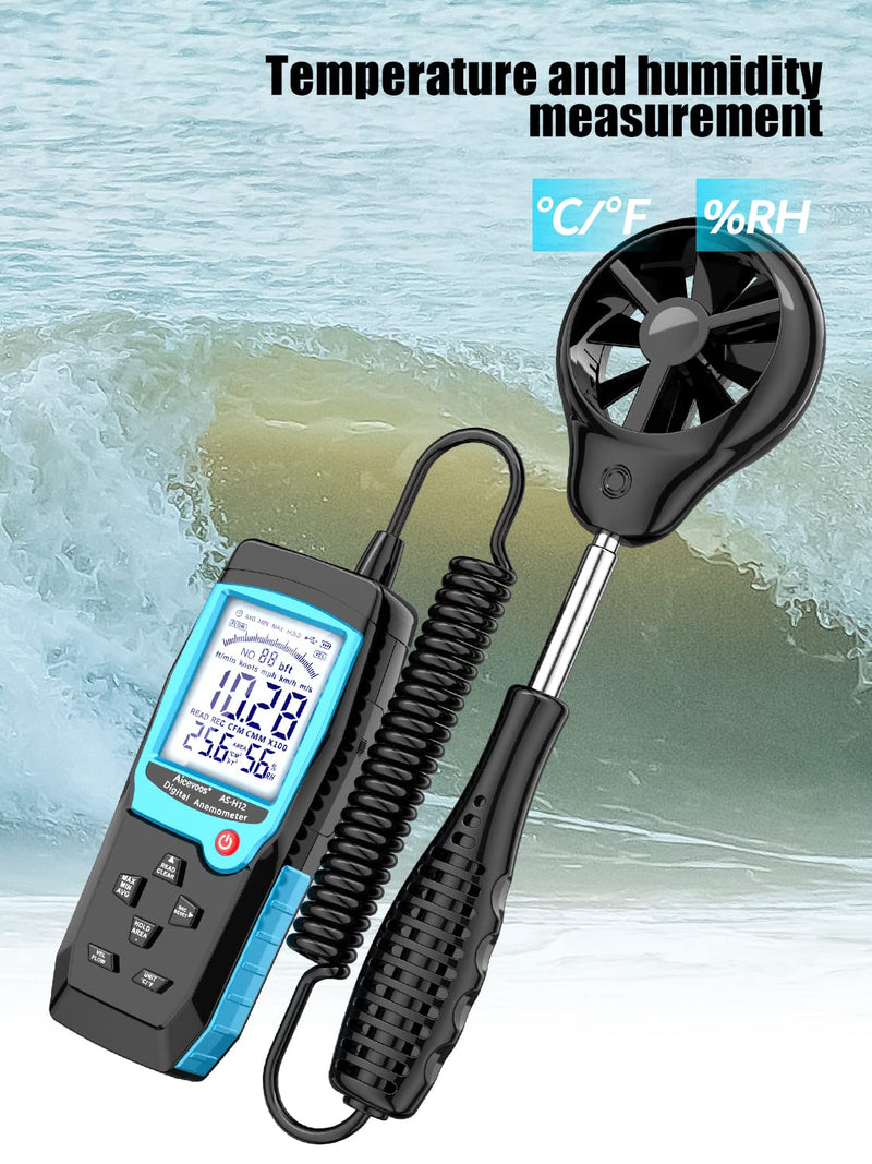 H12 Digital Anemometer Handheld Wind Speed Meter with Extended Wind Sensor, Measures Wind Speed Wind Flow Temperature and Humidity CFM Air Flow Velocity Meter with Big Backlit Screen