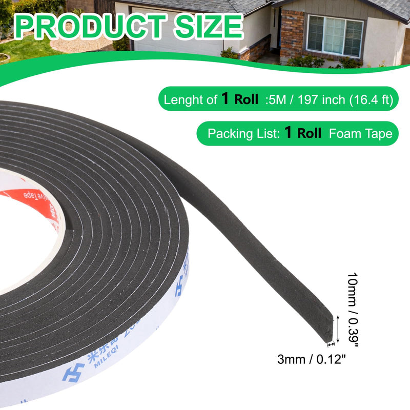 PATIKIL Sponge Rubber Foam Tape, 3/8" W x 1/8" t x 16.4ft l Self-Adhesive Foam Insulation Tape Weather Stripping for Window Door Soundproofing Weatherstrip AC Seal Strip, Black 3/8" x 1/8" x 16.4ft